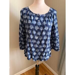 Tommy Bahama Blue Botanical Button Front Blouse 3/4 Bell Sleeves Size Small